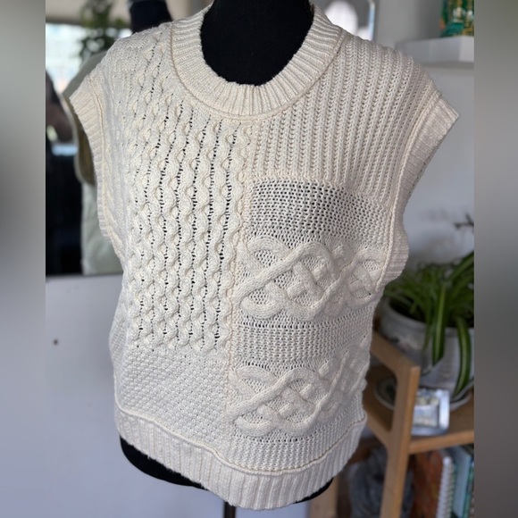 Madewell Patchwork Sweater Vest Cable Knot Oversized Boxy Soft Cotton Blend SZ S - Picture 4 of 9